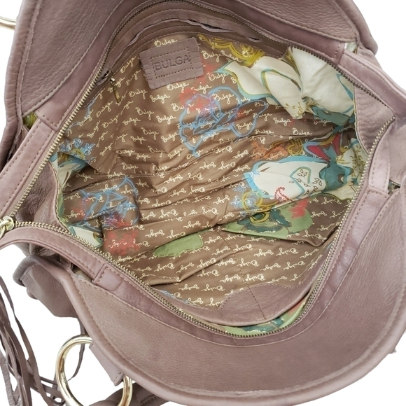 Bulga Beige Leather Large Boho Handbag Fringed Pleated Studded Details - Picture 7 of 12